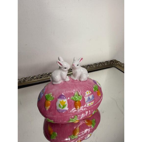 Vintage Trinket Box Pink Easter Egg Shaped Bunny Rabbits Top 4" Tall Ceramic - Picture 2 of 10